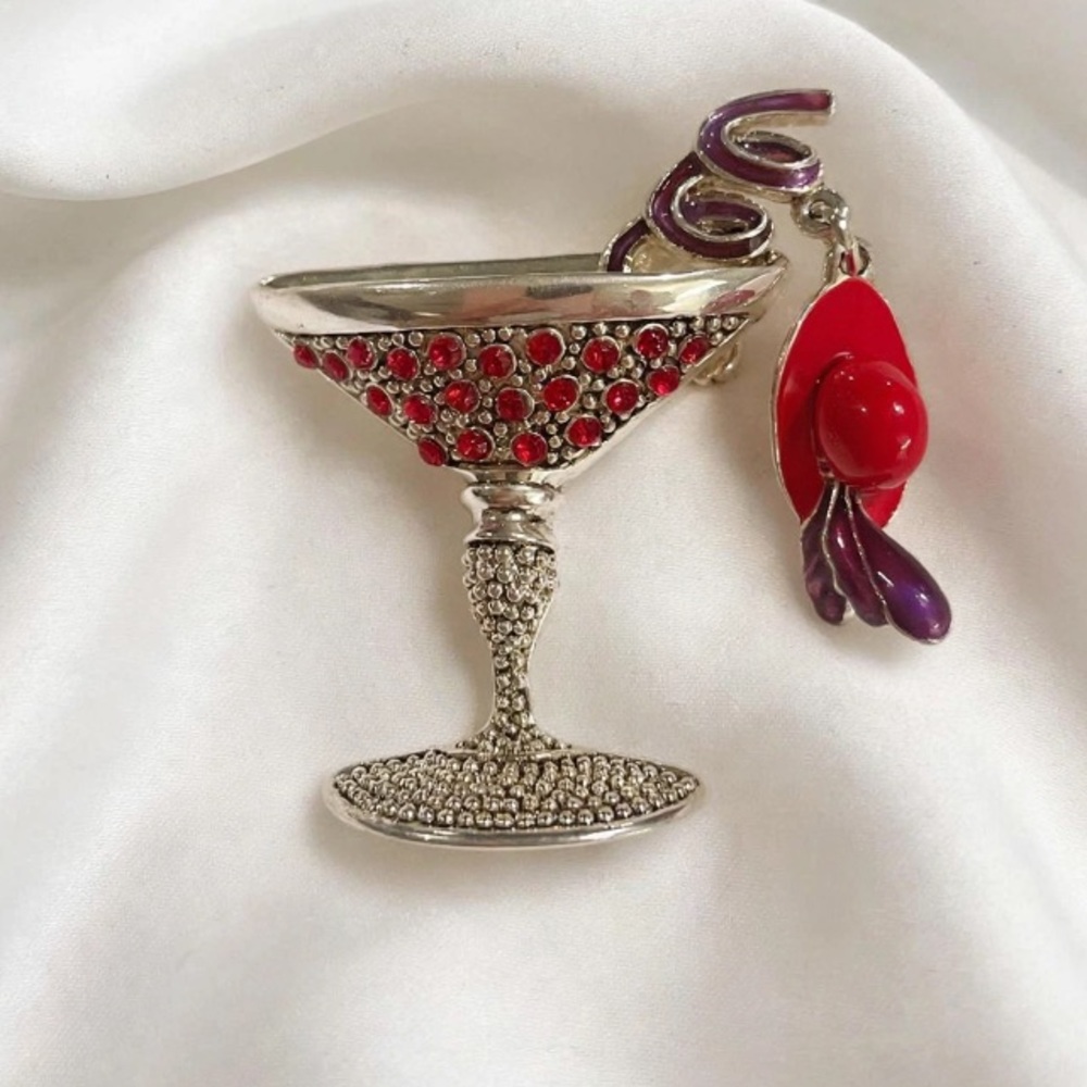 RED HAT SOCIETY Faux Red Gemmed Cocktail Glass w/Enameled Hat Lapel Brooch Pin